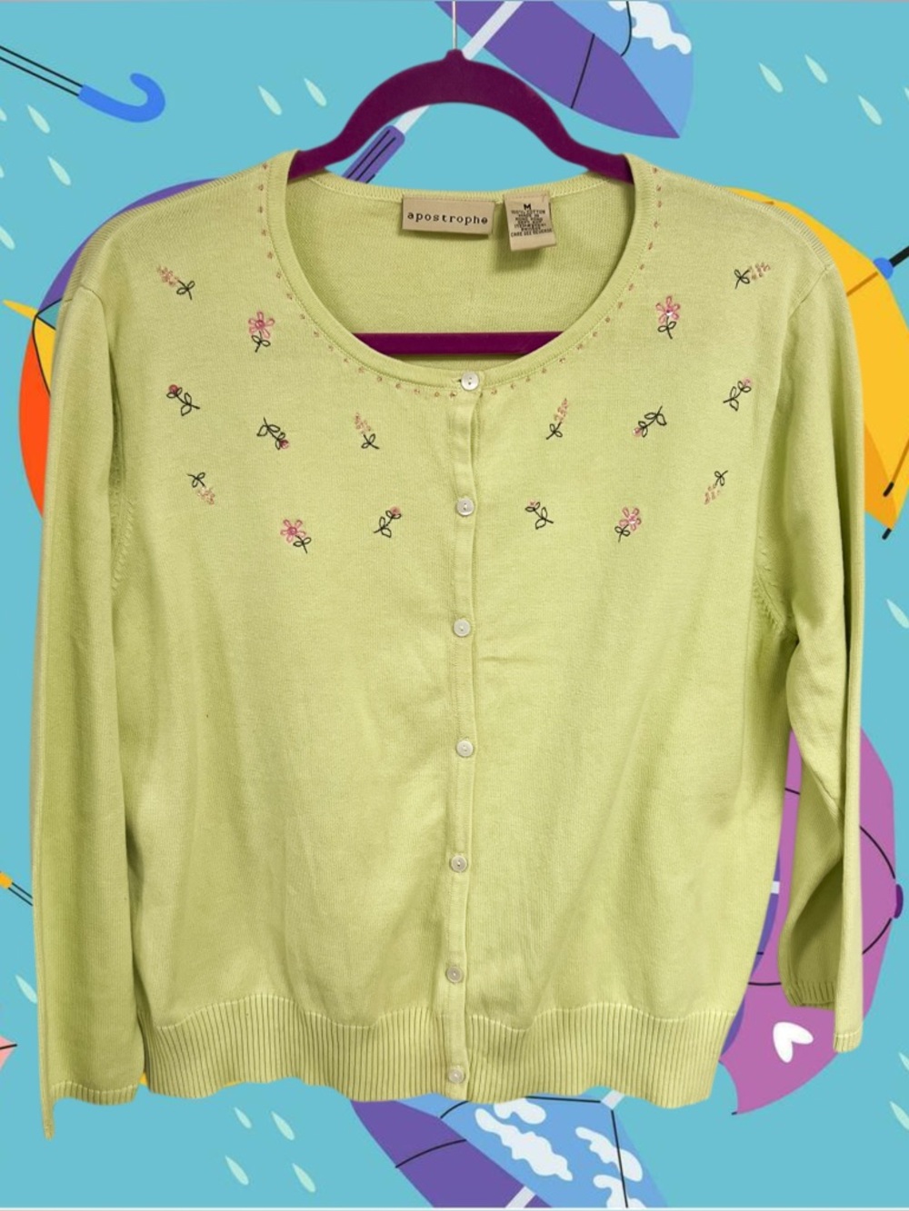 Vintage Apostrophe light green cardigan sweater with pink embroidered flowers
